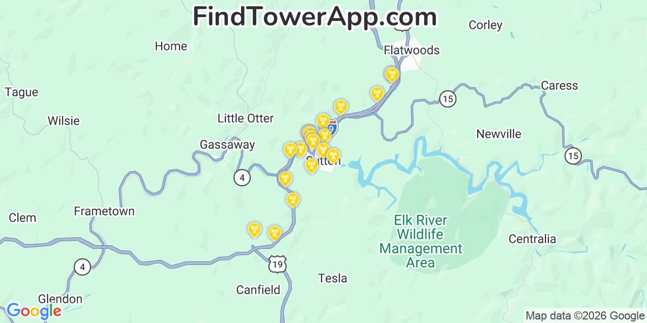 Map showing the 20 primary cell tower locations detected in Sutton, West Virginia from AT&T, Verizon, and T-Mobile networks