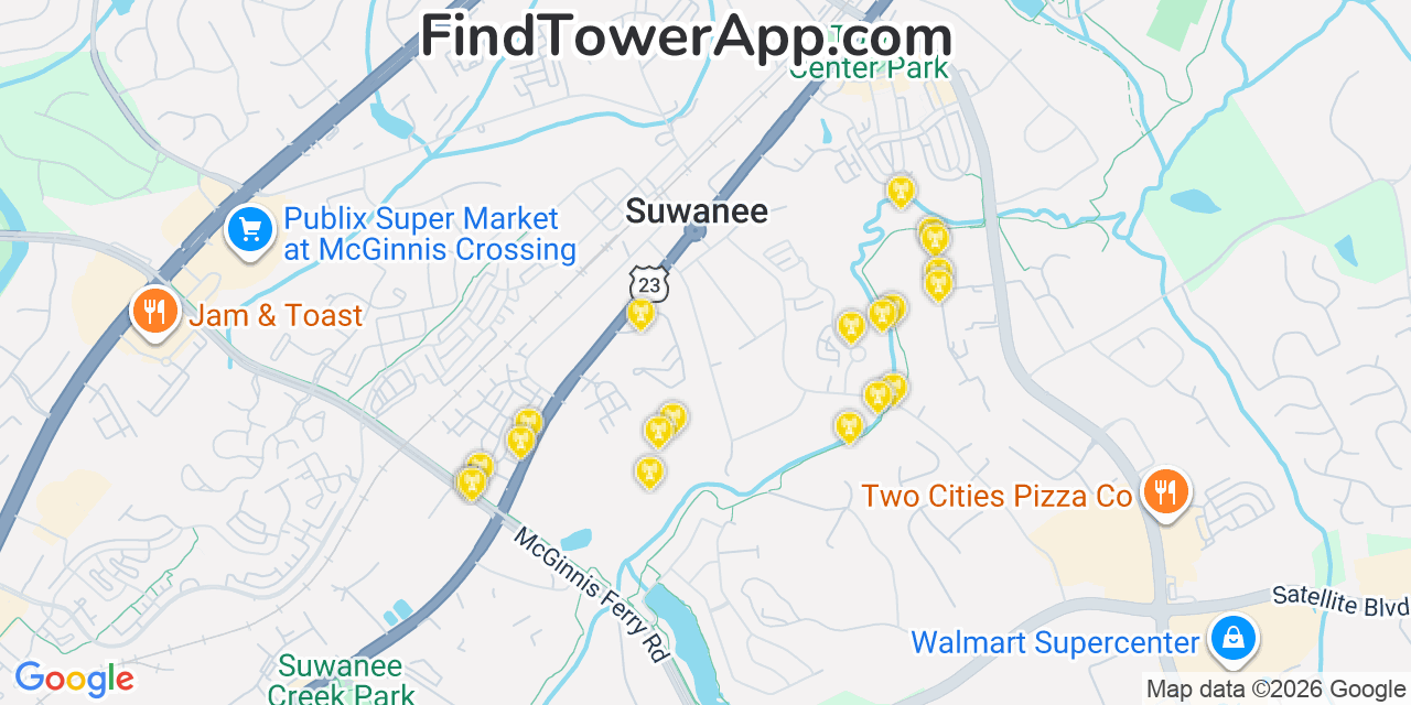 Map showing the 20 primary cell tower locations detected in Suwanee, Georgia from AT&T, Verizon, and T-Mobile networks