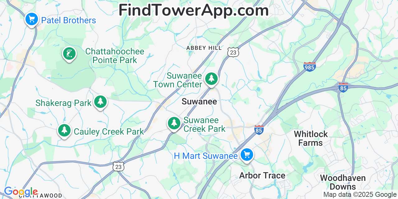 Map showing the 20 primary Mobitel cell tower locations detected in Suwanee, Georgia with coverage radius and signal strength indicators