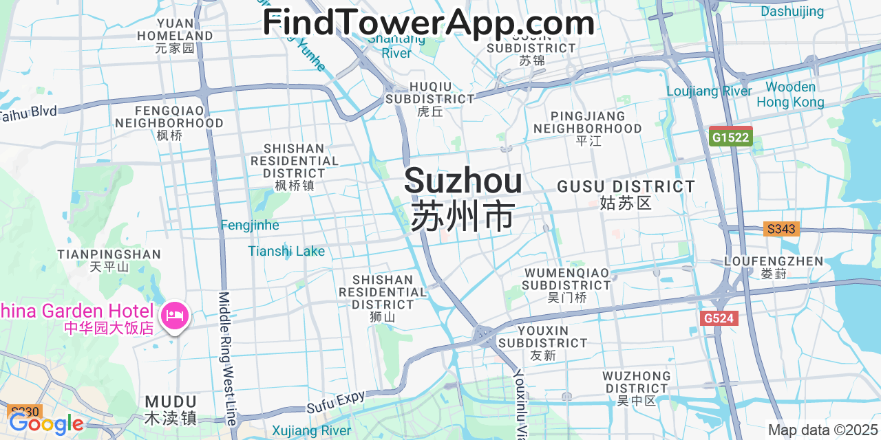 Map showing the 0 primary China-Unicom cell tower locations detected in Suzhou, China with coverage radius and signal strength indicators