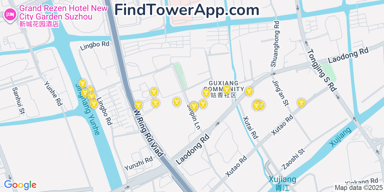 Map showing the 20 primary cell tower locations detected in Suzhou, China with coverage areas and signal strength