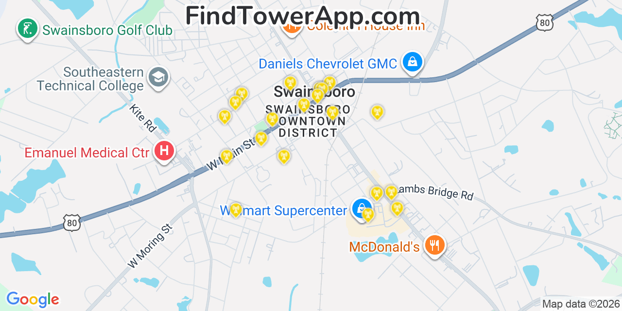 Map showing the 20 primary cell tower locations detected in Swainsboro, Georgia from AT&T, Verizon, and T-Mobile networks