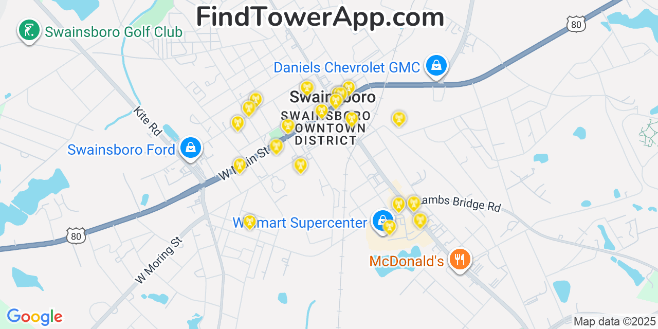 Map showing the 20 primary Mobitel cell tower locations detected in Swainsboro, Georgia with coverage radius and signal strength indicators