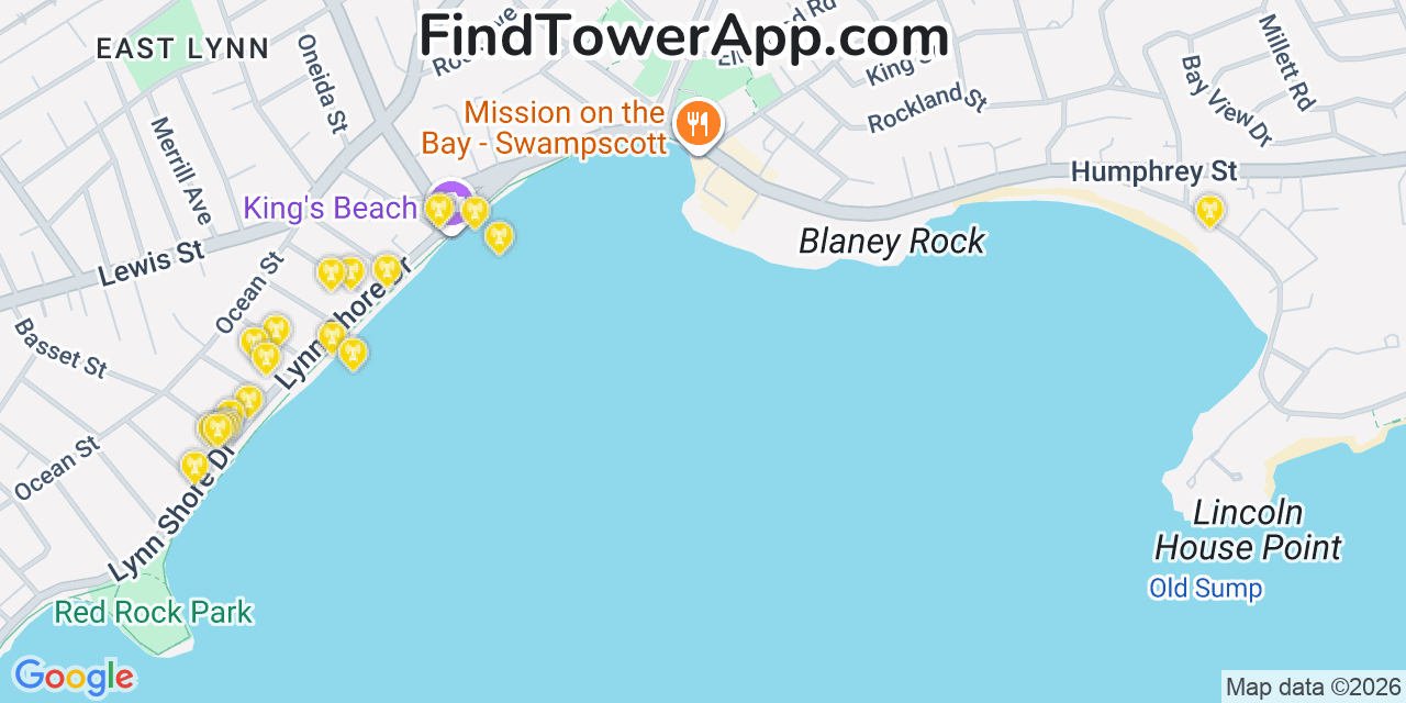 Map showing the 20 primary cell tower locations detected in Swampscott, Massachusetts from AT&T, Verizon, and T-Mobile networks