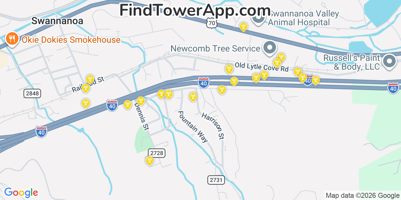 Map showing the 20 primary cell tower locations detected in Swannanoa, North Carolina from AT&T, Verizon, and T-Mobile networks