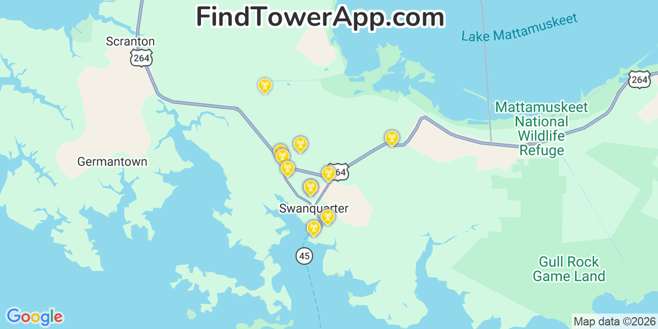 Map showing the 20 primary cell tower locations detected in Swanquarter, North Carolina from AT&T, Verizon, and T-Mobile networks