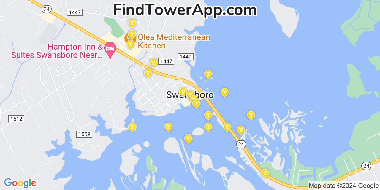 AT&T 4G/5G cell tower coverage map Swansboro, North Carolina