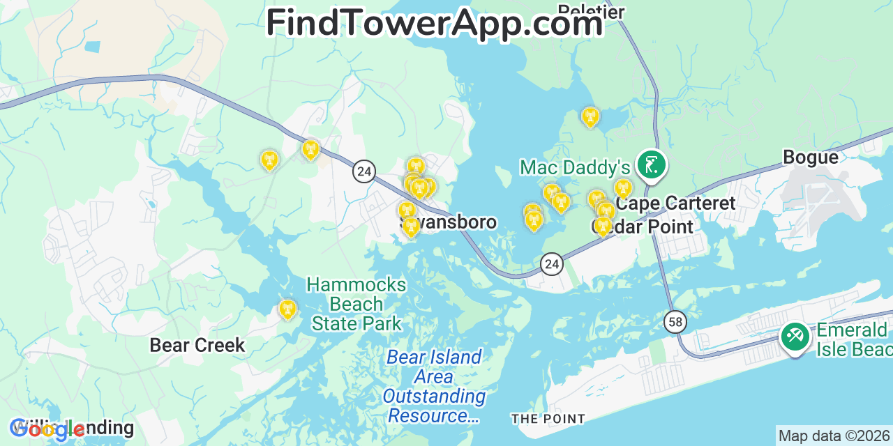 Map showing the 20 primary cell tower locations detected in Swansboro, North Carolina from AT&T, Verizon, and T-Mobile networks