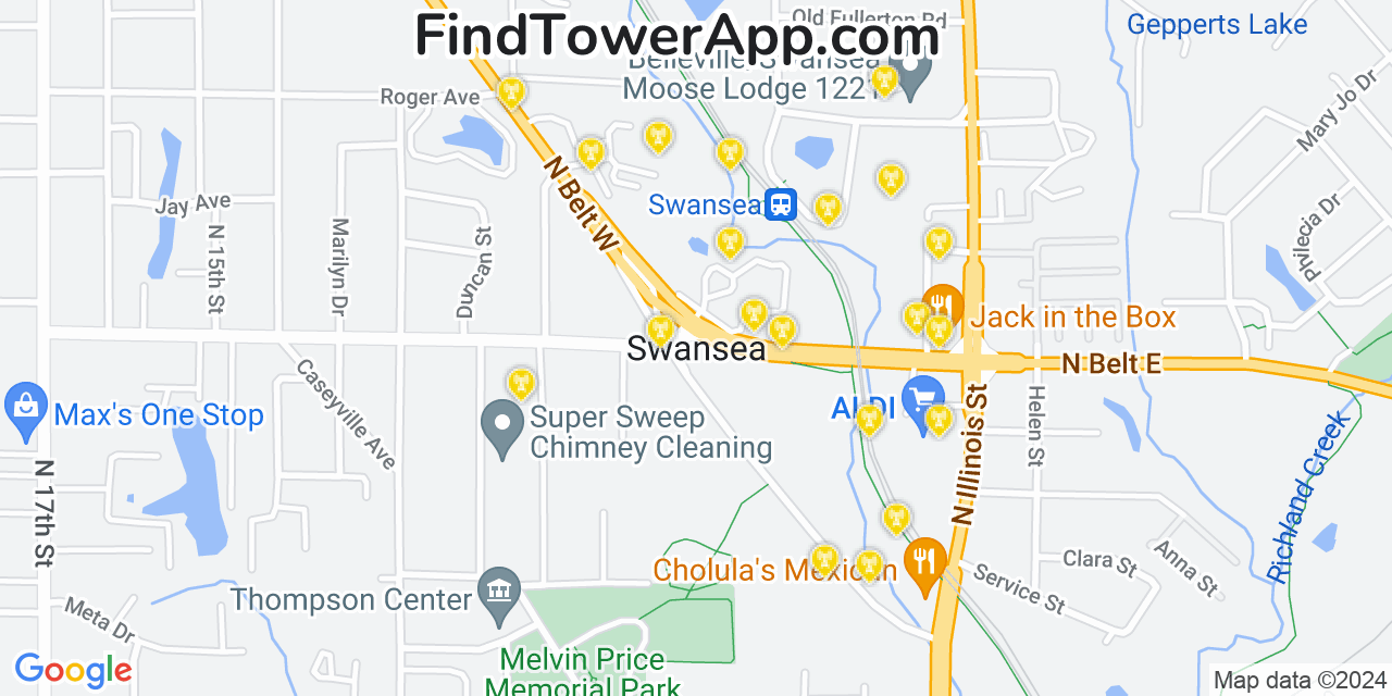 AT&T 4G/5G cell tower coverage map Swansea, Illinois