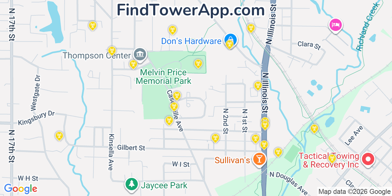 Map showing the 20 primary cell tower locations detected in Swansea, Illinois from AT&T, Verizon, and T-Mobile networks