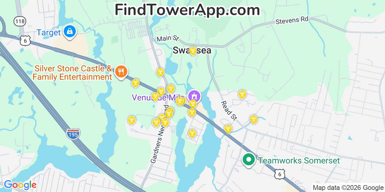 Map showing the 20 primary cell tower locations detected in Swansea, Massachusetts from AT&T, Verizon, and T-Mobile networks