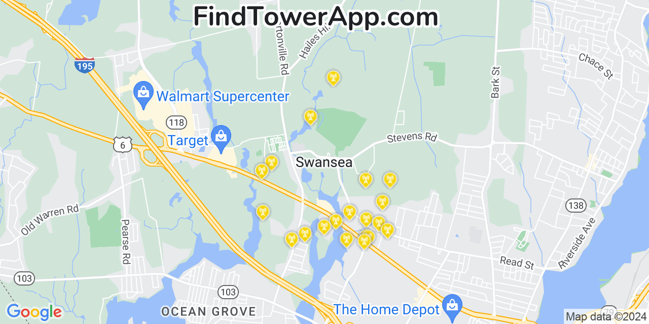 Verizon 4G/5G cell tower coverage map Swansea, Massachusetts