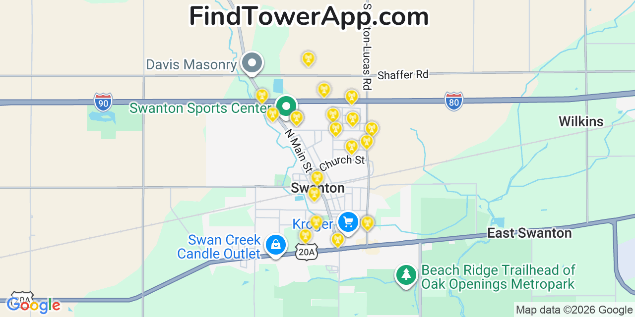 Map showing the 20 primary cell tower locations detected in Swanton, Ohio from AT&T, Verizon, and T-Mobile networks