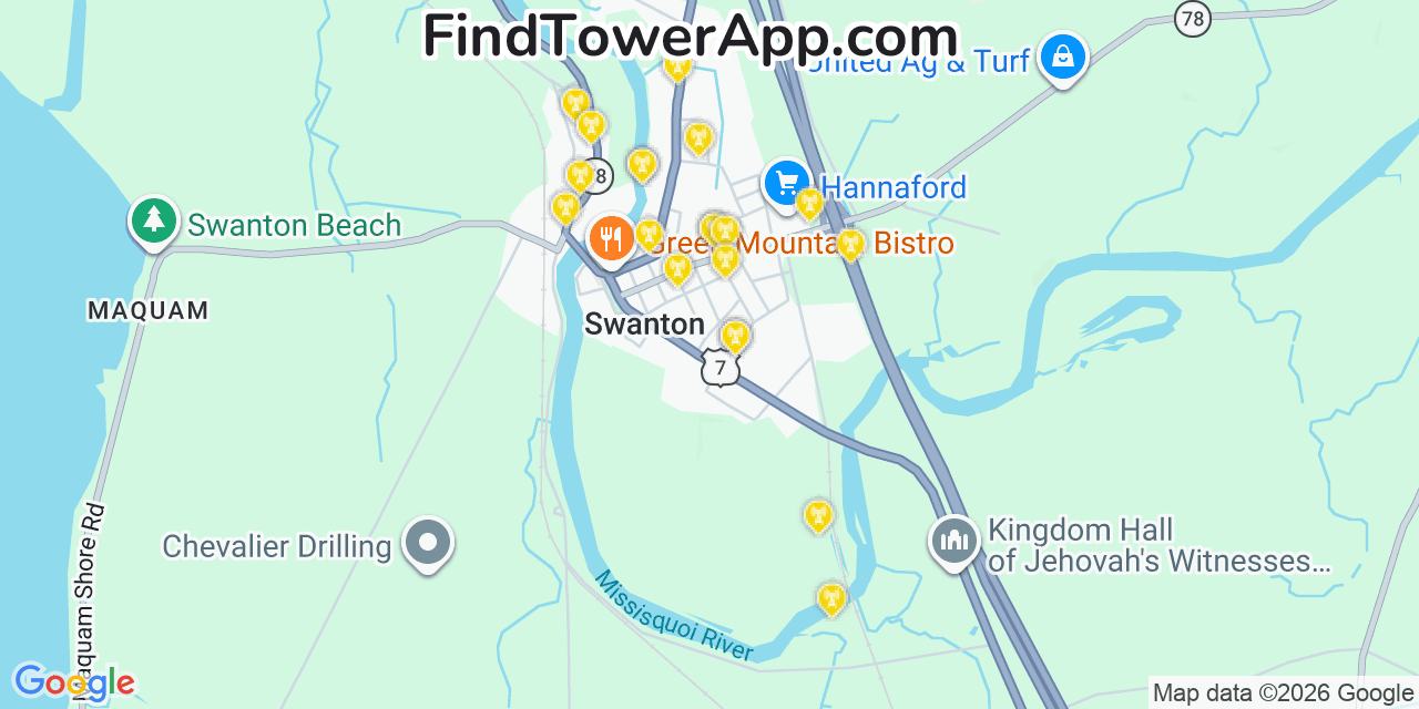 Map showing the 20 primary cell tower locations detected in Swanton, Vermont from AT&T, Verizon, and T-Mobile networks