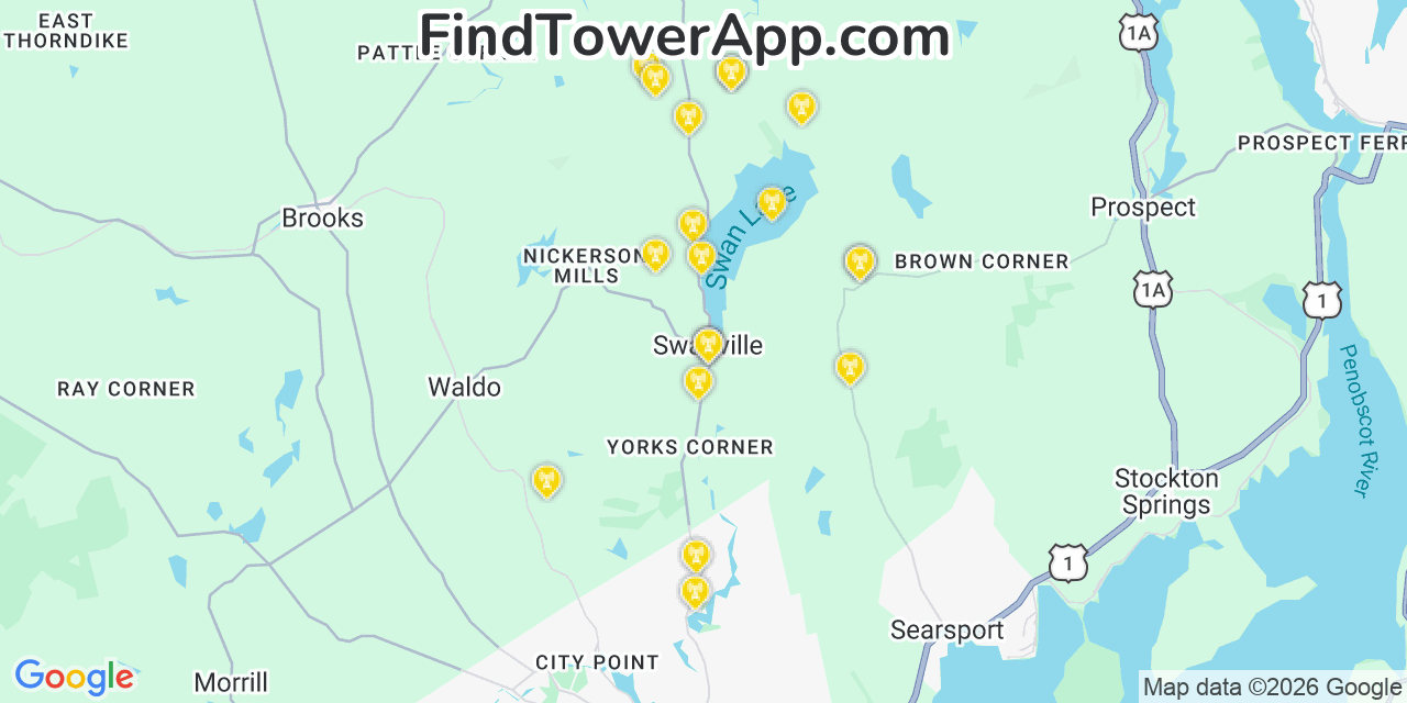 Map showing the 20 primary cell tower locations detected in Swanville, Maine from AT&T, Verizon, and T-Mobile networks