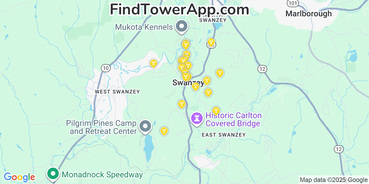 Map showing the 20 primary cell tower locations detected in Swanzey, New Hampshire from AT&T, Verizon, and T-Mobile networks