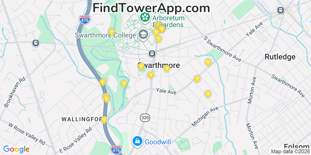 Map showing the 20 primary cell tower locations detected in Swarthmore, Pennsylvania from AT&T, Verizon, and T-Mobile networks
