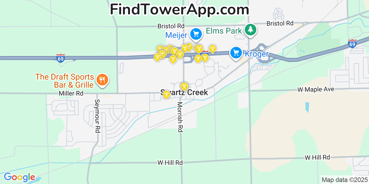 Map showing the 20 primary cell tower locations detected in Swartz Creek, Michigan from AT&T, Verizon, and T-Mobile networks