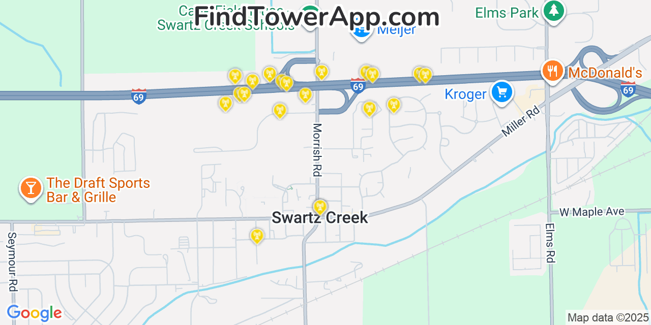 Map showing the 20 primary cell tower locations detected in Swartz Creek, Michigan from AT&T, Verizon, and T-Mobile networks