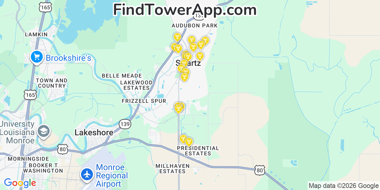 Map showing the 20 primary cell tower locations detected in Swartz, Louisiana from AT&T, Verizon, and T-Mobile networks