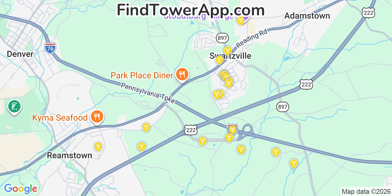 Map showing the 20 primary cell tower locations detected in Swartzville, Pennsylvania from AT&T, Verizon, and T-Mobile networks