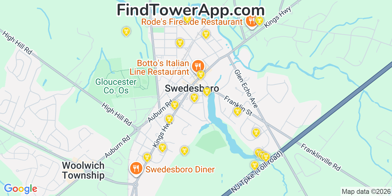 Map showing the 20 primary cell tower locations detected in Swedesboro, New Jersey from AT&T, Verizon, and T-Mobile networks