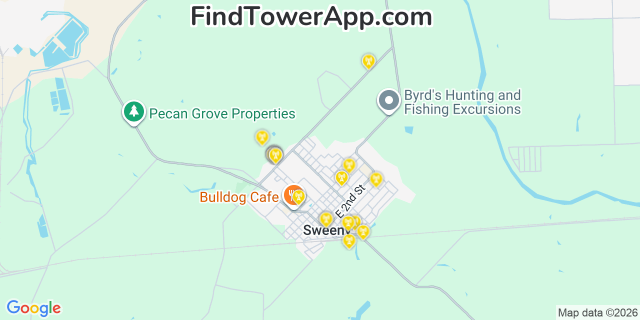 Map showing the 20 primary cell tower locations detected in Sweeny, Texas from AT&T, Verizon, and T-Mobile networks