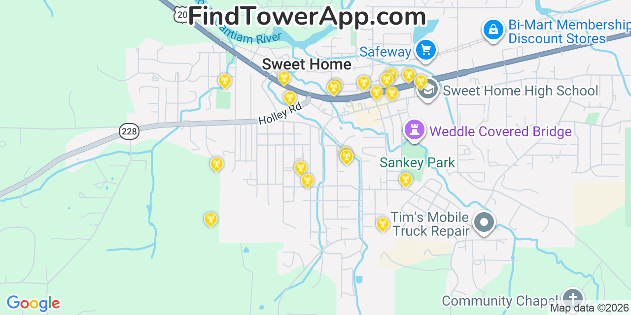 Map showing the 20 primary cell tower locations detected in Sweet Home, Oregon from AT&T, Verizon, and T-Mobile networks