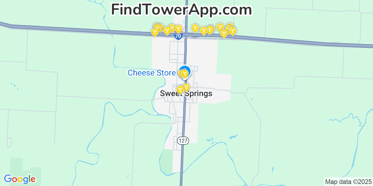 Map showing the 20 primary cell tower locations detected in Sweet Springs, Missouri from AT&T, Verizon, and T-Mobile networks