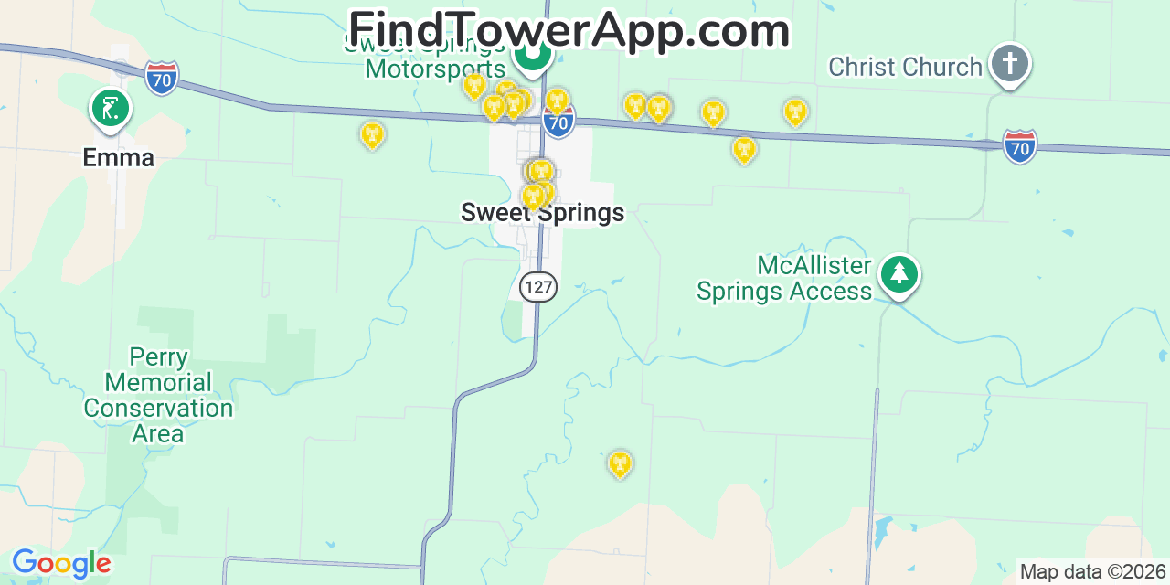 Map showing the 20 primary cell tower locations detected in Sweet Springs, Missouri from AT&T, Verizon, and T-Mobile networks