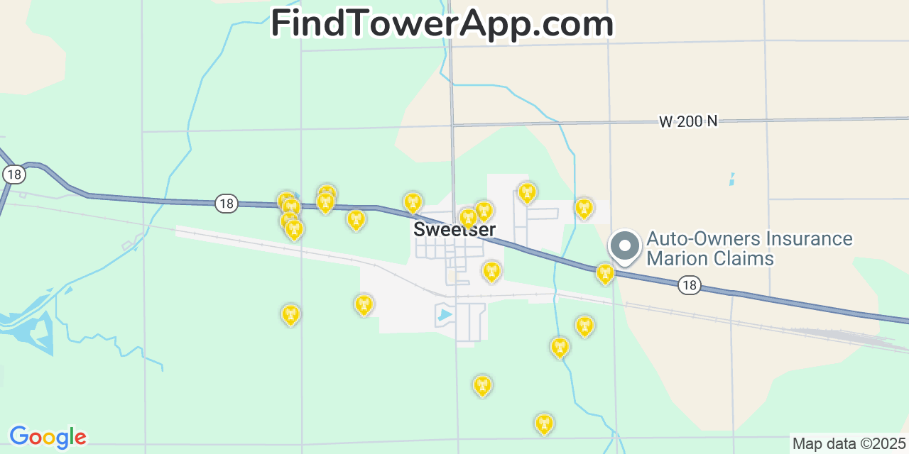 Map showing the 20 primary cell tower locations detected in Sweetser, Indiana from AT&T, Verizon, and T-Mobile networks