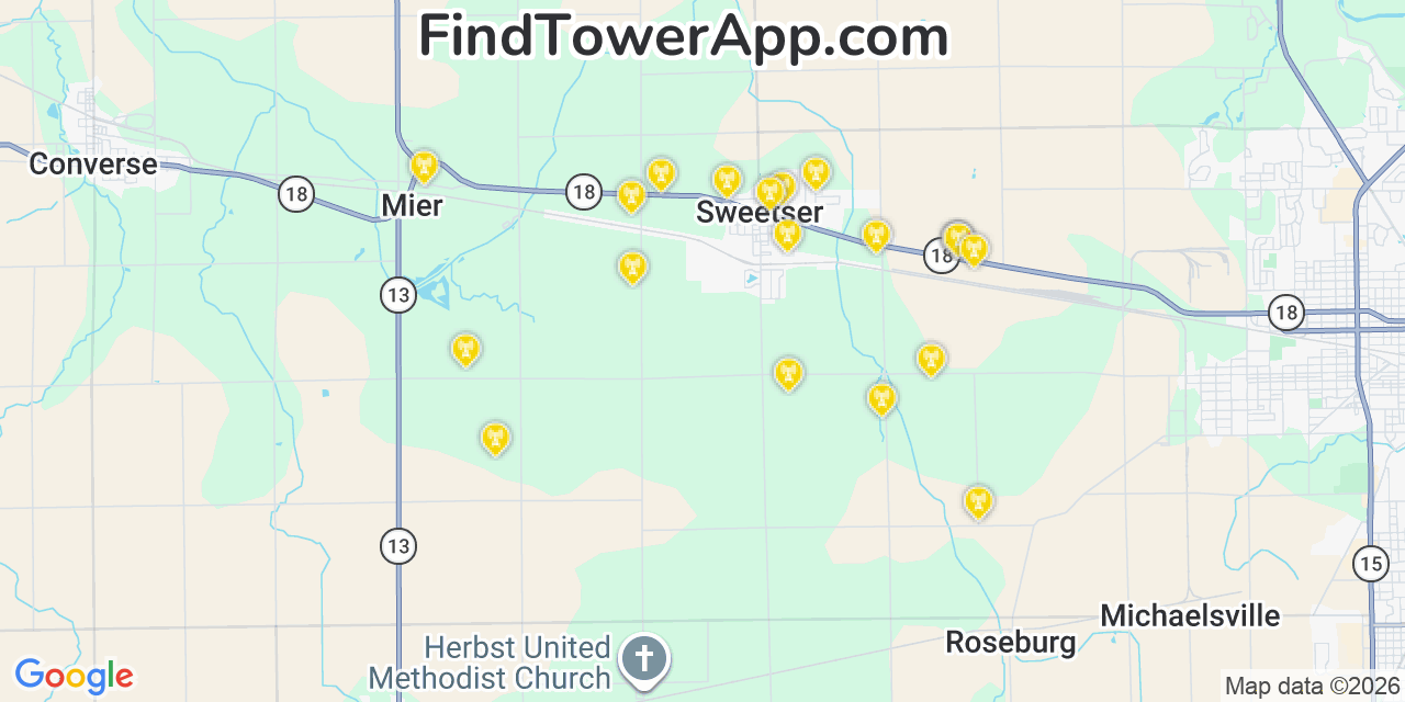 Map showing the 20 primary cell tower locations detected in Sweetser, Indiana from AT&T, Verizon, and T-Mobile networks