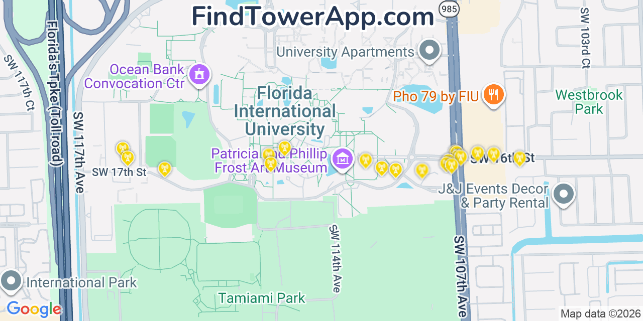 Map showing the 20 primary cell tower locations detected in Sweetwater, Florida from AT&T, Verizon, and T-Mobile networks