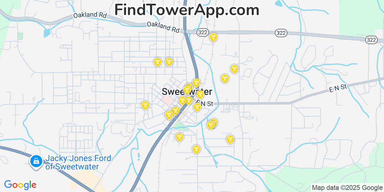 Map showing the 20 primary cell tower locations detected in Sweetwater, Tennessee from AT&T, Verizon, and T-Mobile networks