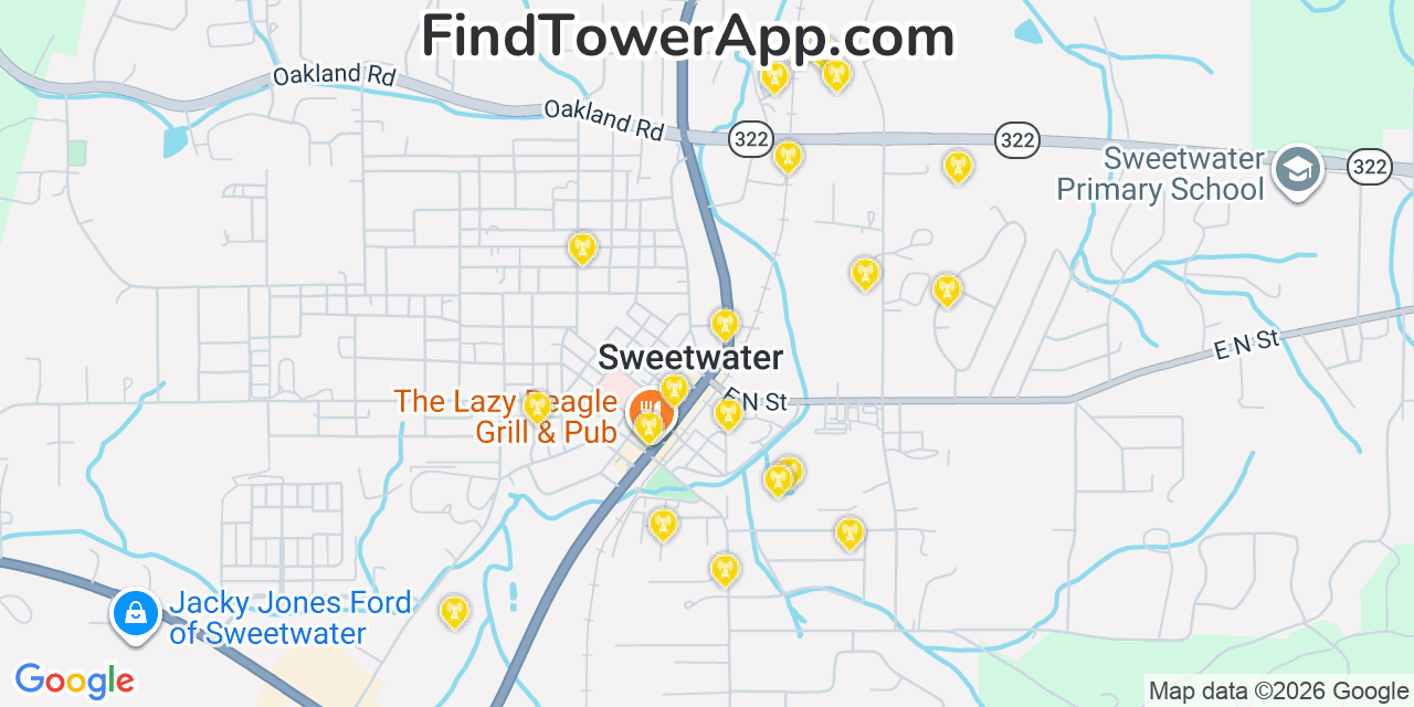 Map showing the 20 primary cell tower locations detected in Sweetwater, Tennessee from AT&T, Verizon, and T-Mobile networks