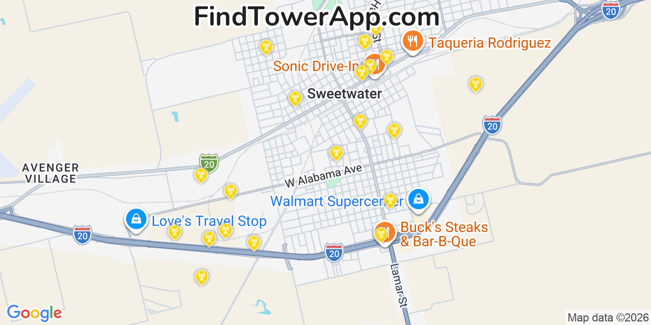 Map showing the 20 primary cell tower locations detected in Sweetwater, Texas from AT&T, Verizon, and T-Mobile networks