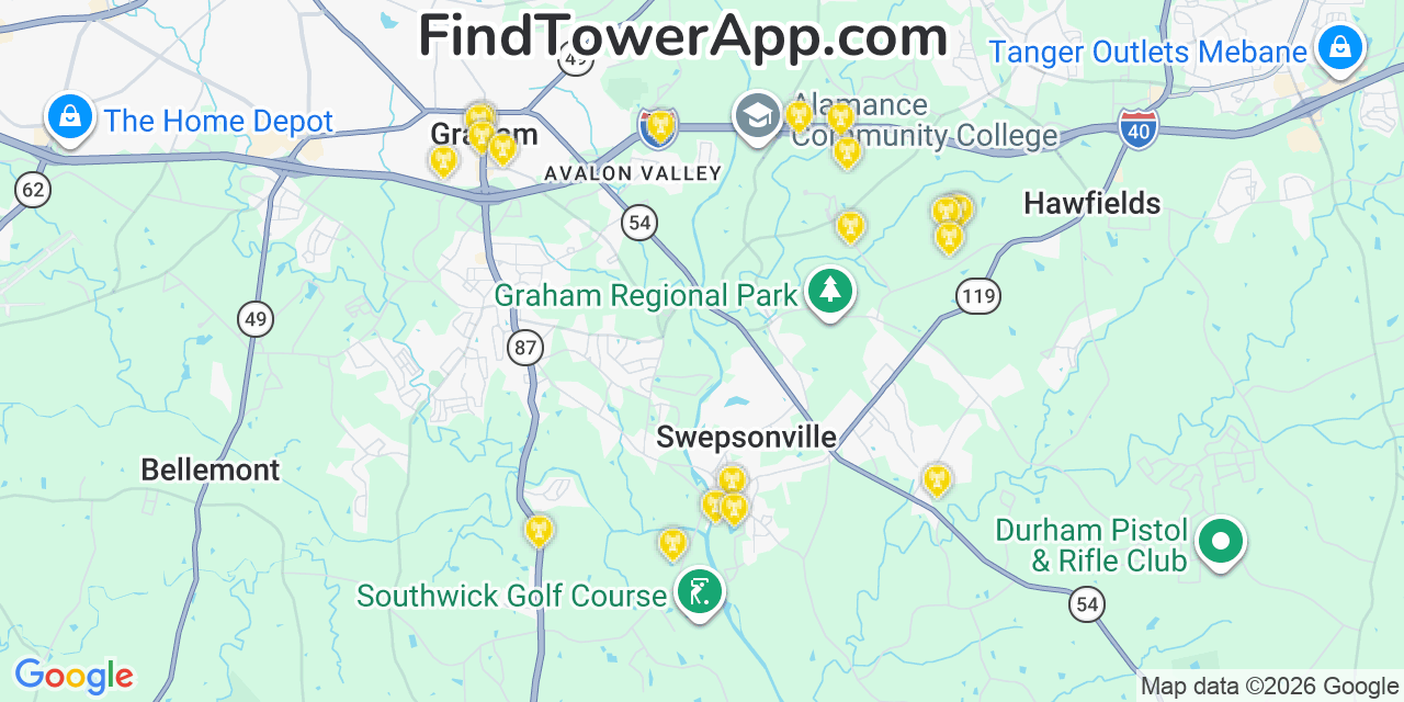 Map showing the 20 primary cell tower locations detected in Swepsonville, North Carolina from AT&T, Verizon, and T-Mobile networks