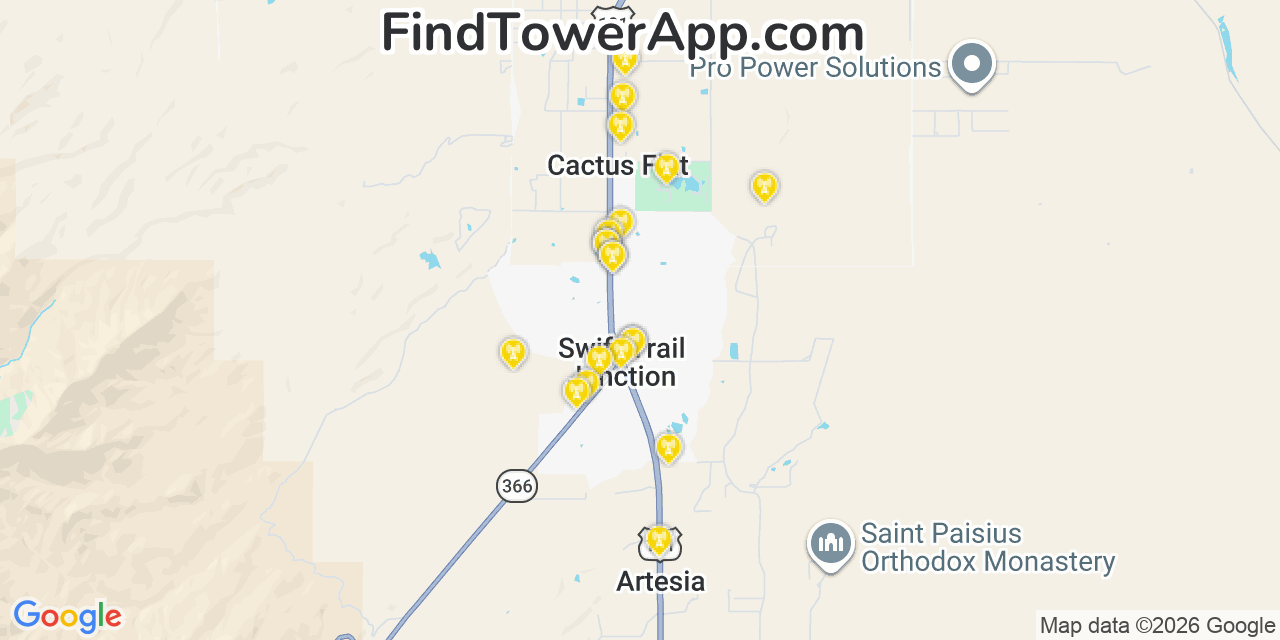 Map showing the 20 primary cell tower locations detected in Swift Trail Junction, Arizona from AT&T, Verizon, and T-Mobile networks