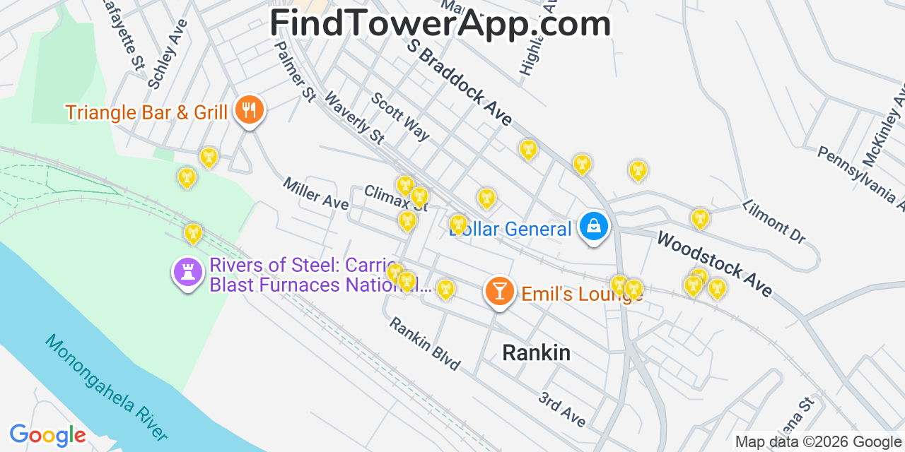 Map showing the 20 primary cell tower locations detected in Swissvale, Pennsylvania from AT&T, Verizon, and T-Mobile networks