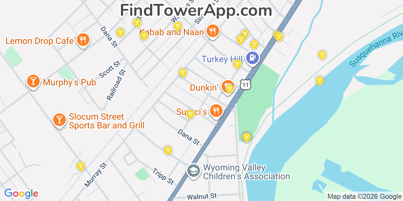 Map showing the 20 primary cell tower locations detected in Swoyersville, Pennsylvania from AT&T, Verizon, and T-Mobile networks