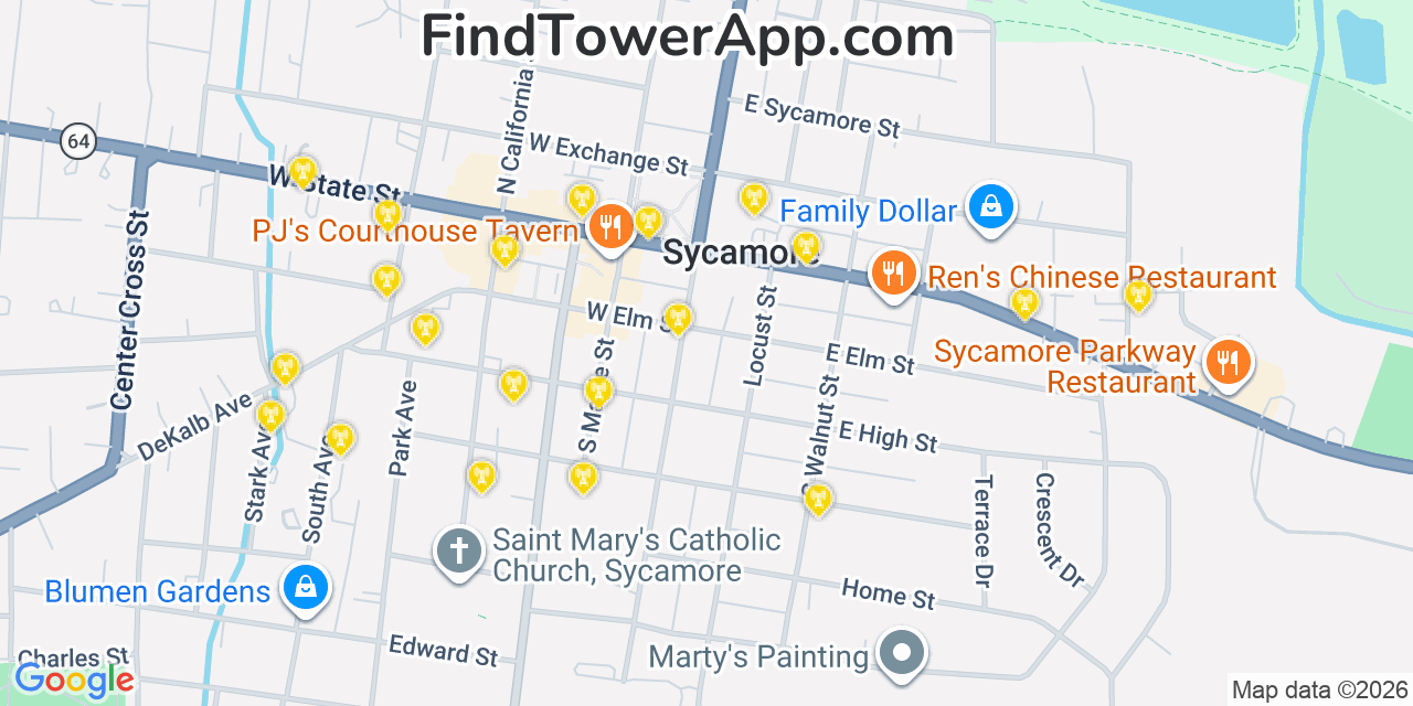 Map showing the 20 primary cell tower locations detected in Sycamore, Illinois from AT&T, Verizon, and T-Mobile networks
