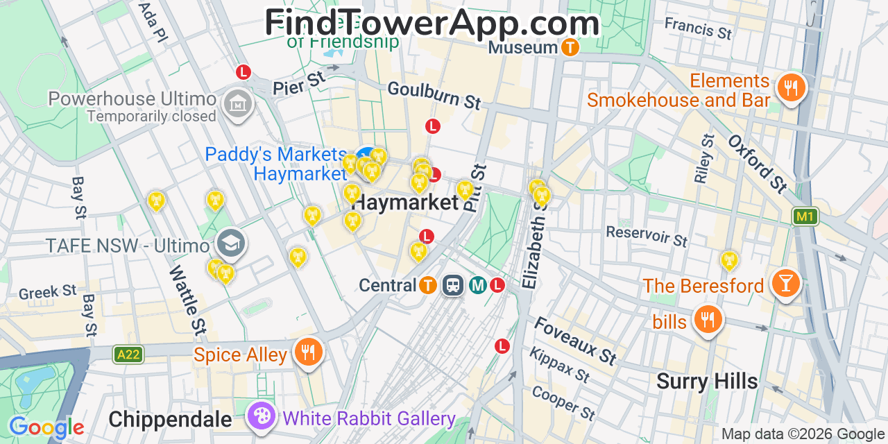 Map showing the 20 primary Clermont Coal cell tower locations in Sydney, Australia