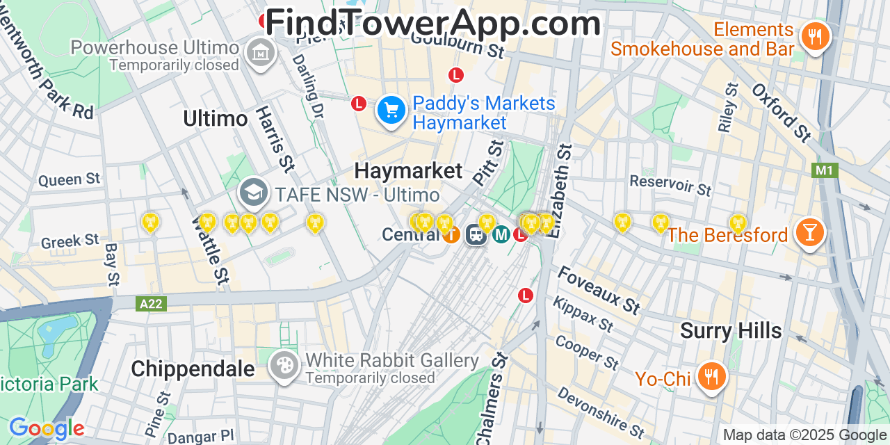 Map showing the 20 primary cell tower locations detected in Sydney, Australia with coverage areas and signal strength