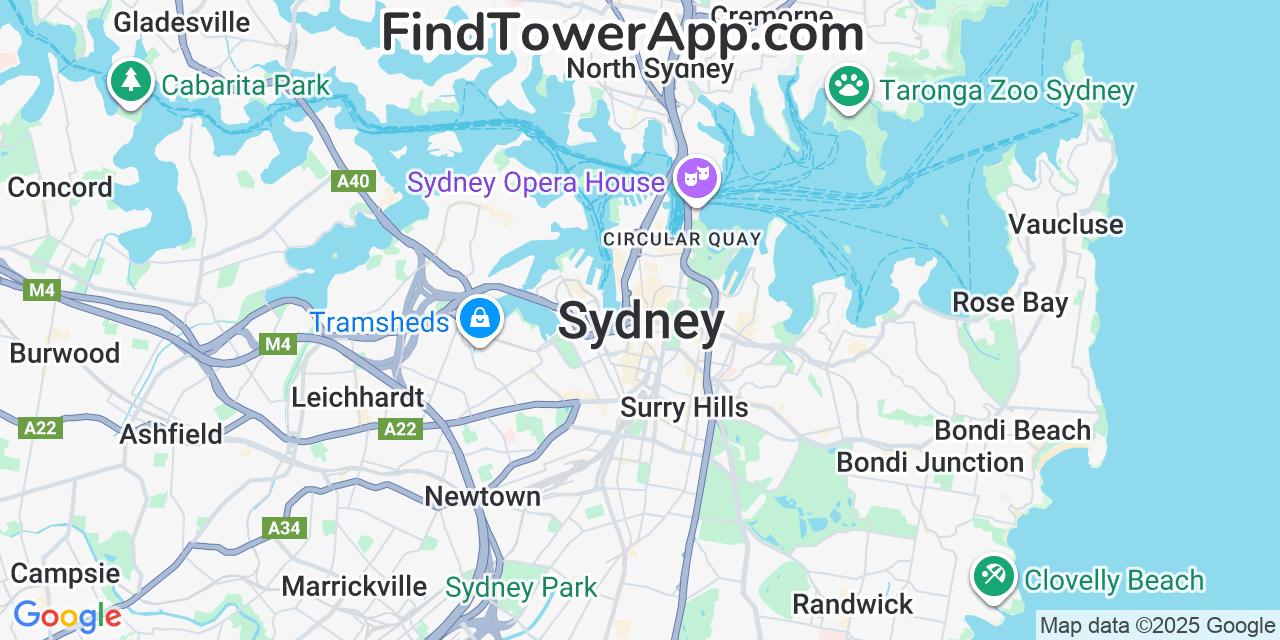 Map showing the 0 primary Pilbara-Iron-Company-Services-Pty cell tower locations detected in Sydney, Australia with coverage radius and signal strength indicators