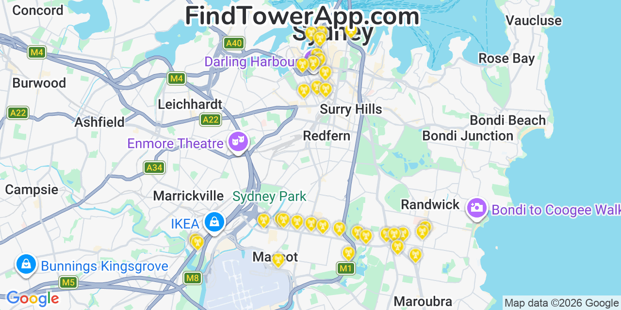 Map showing the 33 primary Pilbara Iron cell tower locations in Sydney, Australia