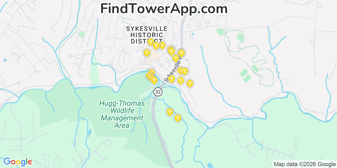Map showing the 20 primary cell tower locations detected in Sykesville, Maryland from AT&T, Verizon, and T-Mobile networks