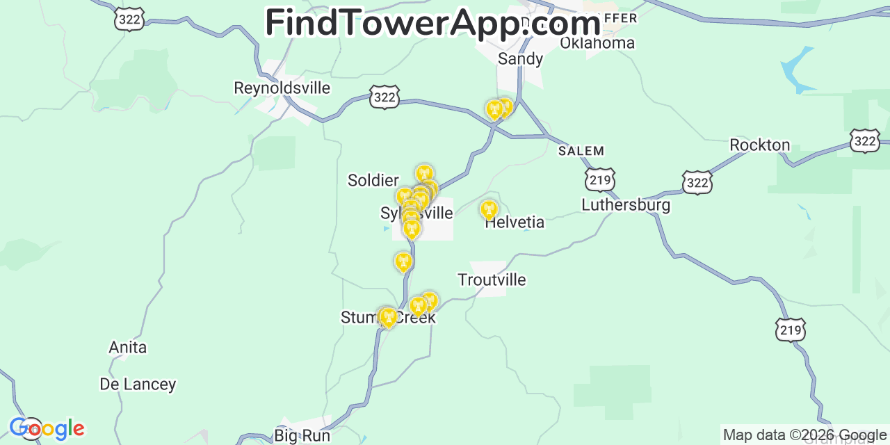 Map showing the 20 primary cell tower locations detected in Sykesville, Pennsylvania from AT&T, Verizon, and T-Mobile networks
