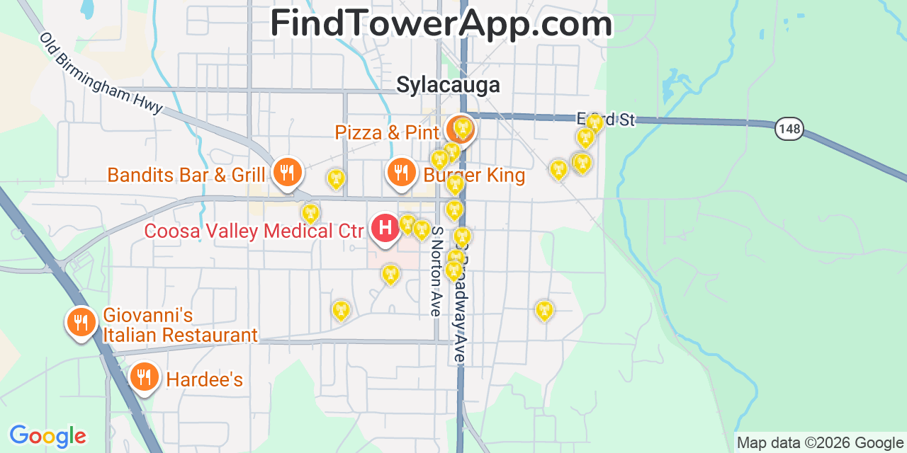 Map showing the 20 primary cell tower locations detected in Sylacauga, Alabama from AT&T, Verizon, and T-Mobile networks