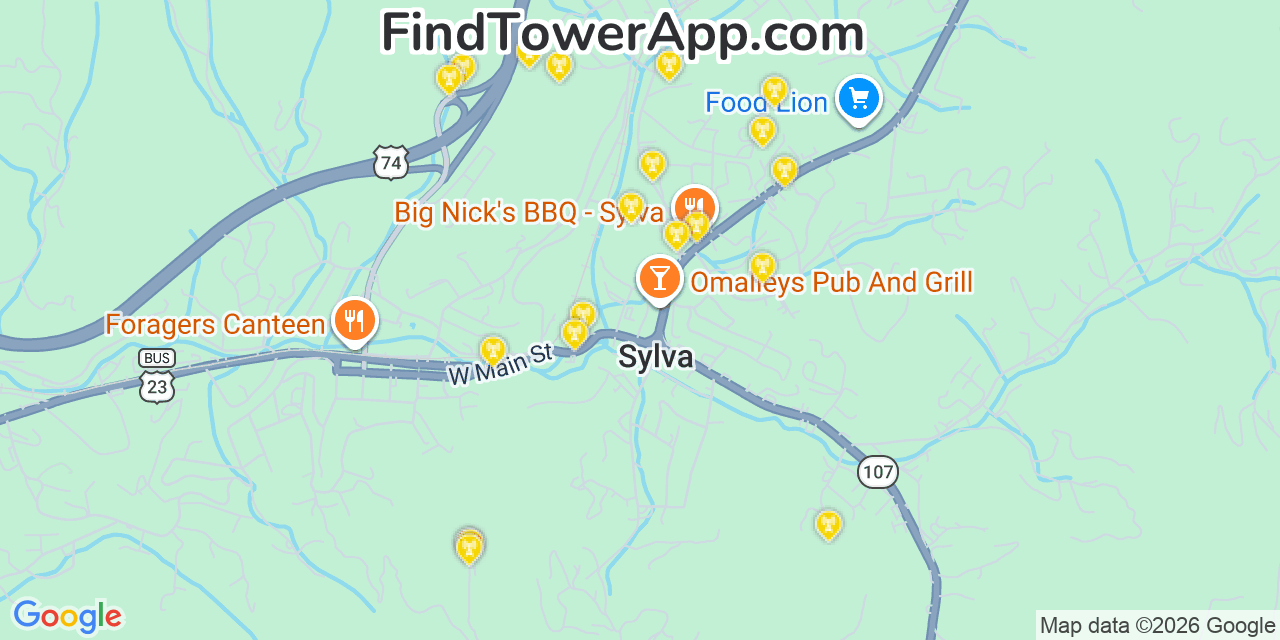 Map showing the 20 primary cell tower locations detected in Sylva, North Carolina from AT&T, Verizon, and T-Mobile networks