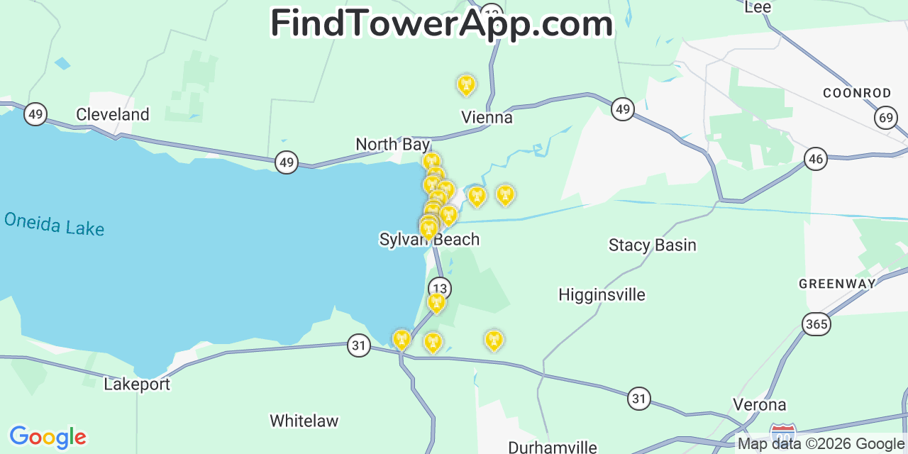 Map showing the 20 primary cell tower locations detected in Sylvan Beach, New York from AT&T, Verizon, and T-Mobile networks